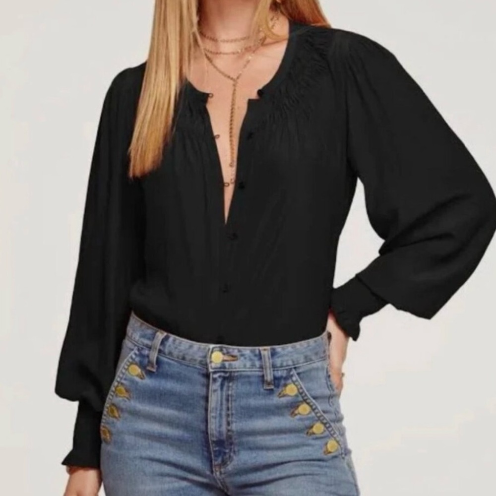 Ramy Brook Isla Button Down Smocked Puff Sleeves Blouse in‎ Black Sz L